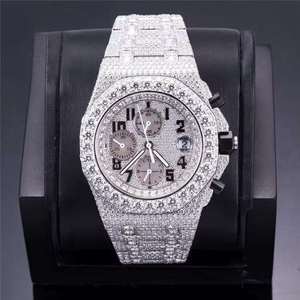 Montre chronographe à mouvement quartz, cristal saphir, cadran 43 mm, boîtier en alliage, résistance à l'eau 10 bars, diamant cultivé en laboratoire VVS1, blanc glacé - Product Image 1