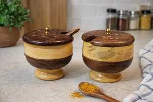 Pot de rangement en bois d'acacia avec couvercle, récipient de rangement de cuisine en bois fait main, pot à épices en bois naturel, rangement alimentaire décoratif - Product Image 1