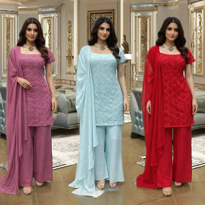 TOP PLAZZO Ensemble moderne en Georgette Foux lourde avec broderie de sequins chinois, idéal pour les occasions festives, séchage rapide, coupe classique - Product Image 1