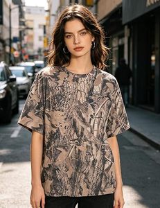 T-shirt camouflage oversize pour femme et homme, imprimé graphique feuille d'érable, manches courtes, col rond, streetwear - Product Image 3