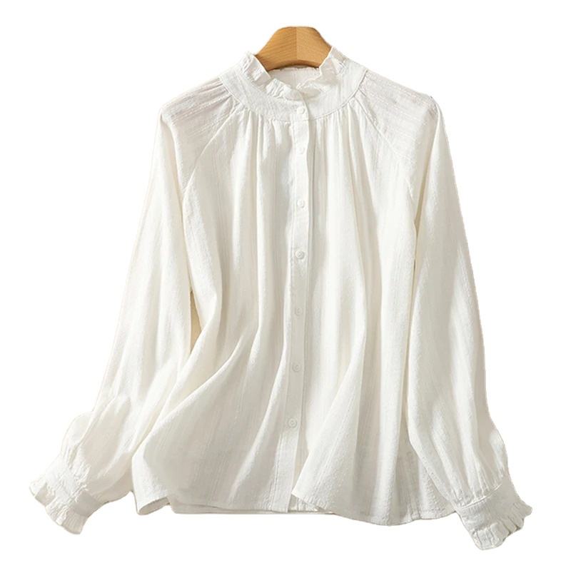 Cotton jacquard long-sleeved French lace collar shirt female spring new  Korean loose large size temperament casual white blouse