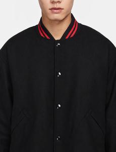 Men's Black Varsity Jacket with Red Trim Stand Collar <b>Button</b> Closure Casual Spring Windproof Solid Color PU Material - Product Image 3
