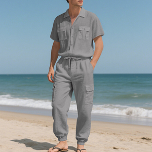 Ensemble chemise décontractée en coton bleu clair pour homme, tenue d'été respirante en deux pièces, couleur unie avec poches - Product Image 2