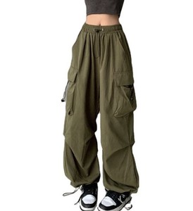 Pantalon cargo pour femme, taille haute, 100% coton, toile, uni, broderie, multi-poches, léger, jambe large, décontracté, automne - Product Image 1