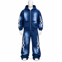 Ensemble de survêtement streetwear avec broderie de logo personnalisé, comprenant un sweat à capuche imprimé effet délavé et un pantalon évasé, fermeture éclair, en vente