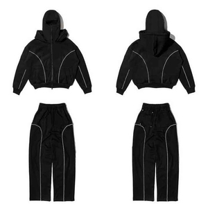 Black Hooded Tracksuit Heavyweight <b>Zip</b> <b>Up</b> <b>Jacket</b> and Drawstring Pants Oversized Fit Streetwear Set Custom Logo - Product Image 1