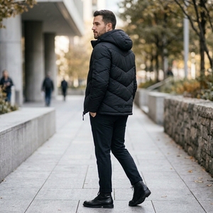 MALATTEPA Men's Black Stand Collar Puffer Jacket Windproof Polyester Winter Casual <b>Coat</b> Zipper Front Design Quick <b>Dry</b> Breathable - Product Image 4