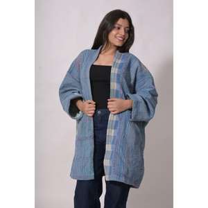 Chaqueta de Algodón Azul Índigo Transpirable y Ecológica, Kimono Vintage Kantha, Abrigo Boho Hecho a Mano, Colcha India, Talla Única, Invierno - Product Image 2