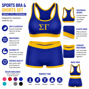 Ensemble de soutien-gorge de sport et short Cosh International Sorority Sisterhood bleu et jaune avec broderie de lettres grecques, ensemble 2 pièces - Product Image 6
