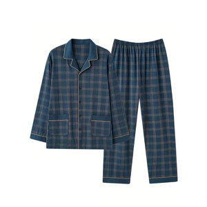 Ensemble de pyjama en coton à carreaux pour homme, 2 pièces, haut à manches longues boutonné avec poche, pantalon à taille élastique, vêtements de nuit décontractés, automne - Product Image 1