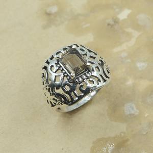 Smokey Quartz <b>Statement</b> <b>Ring</b> 925 Sterling Silver Handmade Vintage Filigree Wide Band Boho Men Women Jewelry Gift for Him Unisex - Product Image 1