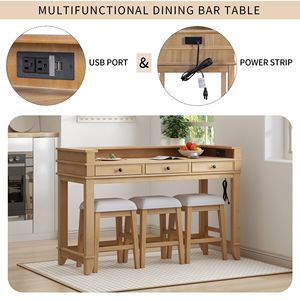 Multifunctional 4-Piece Dining <b>Bar</b> <b>Table</b> Set Gray with 3 Upholstered <b>Stools</b> <b>and</b> 3 Drawers - Product Image 6
