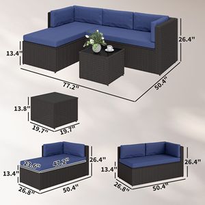 Set di Mobili da Giardino in 3 Pezzi con Telaio in Alluminio, Set Conversazione da Esterno in Vimini con Cuscini e Tavolo con Piano in Vetro, Blu Navy - Product Image 2