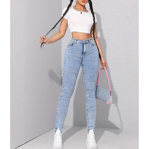 Pantalones vaqueros ajustados de cintura alta para mujer, elásticos, ajustados, cómodos, clásicos, mallas vaqueras, bolsillos, lavado Vintage, materias primas de bambú alto - Product Image 2