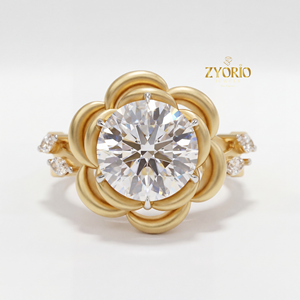 Bague de fiançailles et de mariage de luxe en or jaune, motif fleur de rose, diamant taillé, diamant de laboratoire, clarté VVS2, 1 carat, cadeau - Product Image 6