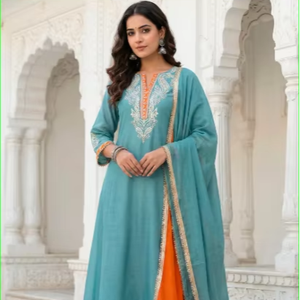 Conjunto de Kurta/Kurti de Seda Azul Polvo con Bordado Gota Mal Chanderi para Fiestas, Todas las Temporadas - Product Image 1