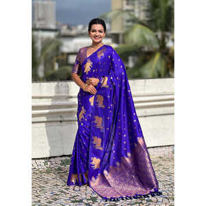 Sari de Noche Tejido de Seda Suave Violeta Elite Weaves con Doble Zari y Borde Nandi 700g - Product Image 6