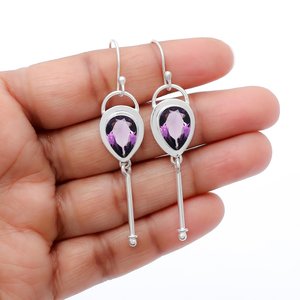 Nikhil Gems NG-033 Trendy Third Party Certified Pear Amethyst <b>Dangle</b> <b>Earrings</b> Handmade Sterling <b>Silver</b> 925 Gemstone Jewelry - Product Image 3
