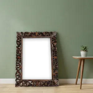 Hand Carved Wooden <b>Wall</b> <b>Mirror</b> Frame Brown Finish Rectangular <b>Hanging</b> <b>Mirror</b> Frame for Vertical or Horizontal Display Home - Product Image 4