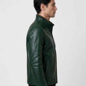 Chaqueta de Motociclista Amkoor para Hombre, de Cuero Genuino Verde, Cuello Alto, Cierre de Cremallera, Corte Ajustado, Estilo Casual - Product Image 4