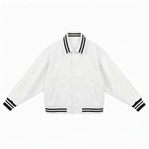 <b>White</b> Varsity Jacket Unisex Preppy Style <b>Fleece</b> Button Front Regular Fit Autumn Wear Solid Color Turn-down Collar - Product Image 1