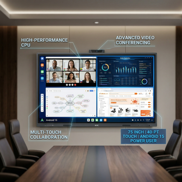 Digital Classroom Equipment 75 Inch 4K IFPD Android 15 System 40 Point Touch AI Person Tracking Camera 16G 256G Windows 11 OS