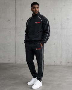 FLY HUMBLE Ensemble de survêtement décontracté noir pour homme, col montant zippé, style sportif, avec logo imprimé à rayures blanches, idéal pour l'été - Product Image 1