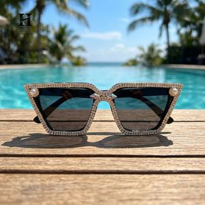 Luxury Full Rhinestone <b>Square</b> <b>Sunglasses</b> Women Pearl Diamond Embellished Black <b>Frame</b> Designer Shades - Product Image 4