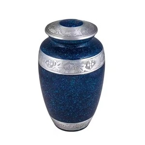 Urna Funeraria Azul con Motas Plateadas para Cenizas Humanas, con Bandas Florales Plateadas, Urna Conmemorativa de Metal Resistente con Tapa - Product Image 1