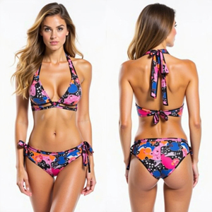 Conjunto de Bikini Sexy para Mujer, Traje de Baño de Dos Piezas con Tiras Laterales, Top Triangular Estampado y Braguita con Lazos Laterales - Product Image 5