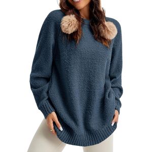 Pulls amples en coton et polyester pour femme, col rond, épaules tombantes, tricot chaud et décontracté avec logo frontal - Product Image 1