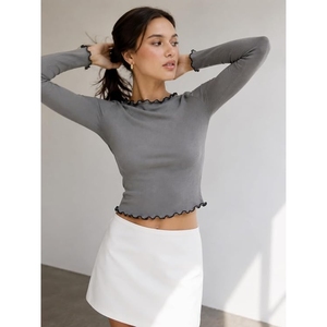 Women's Grey Ribbed Knit Crop <b>Top</b> for Women Full Sleeve Slim Fit <b>Y2K</b> Aesthetic Korean Style Fitted Going Out <b>Top</b>, 100% Cotton - Product Image 2