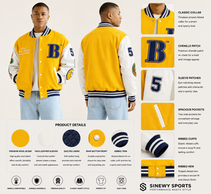 เสื้อแจ็คเก็ตวาร์ซิตี้ผู้ชาย SINEWY SPORTS ผ้าวูลผสม สีเหลืองขาว ปักลาย B ป้ายปัก กระดุมเขาสัตว์ ด้านหน้าสไตล์สปอร์ต แบบกลับด้านได้ - Product Image 1