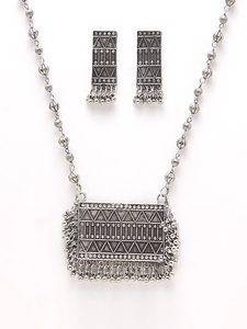 Handmade Women's <b>Silver</b> Tone Necklace <b>Earring</b> Set Geometric Beaded <b>Chain</b> Tribal Style Birthday Gift Oxidized <b>Silver</b> Hinduism - Product Image 3
