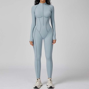 Combinaison de yoga intégrale pour femme à col roulé avec fermeture éclair sur le devant, taille haute, couleur unie, en Spandex et Polyester - Product Image 4