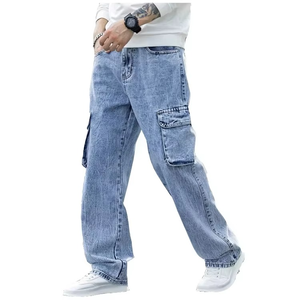 YIMAI – Nouveau Jean Cargo Décontracté Bleu Délavé à la Vapeur Coupe Droite avec Poches à Rabat Latérales pour Homme - Product Image 1