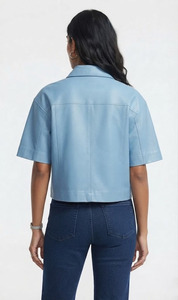 2-Taschen Stylische Damen-Bluse aus weichem Leder mit kurzen Ärmeln, Knopfverschluss, verkürzt, formell, sommerlich, lässig, für den Alltag - Product Image 2