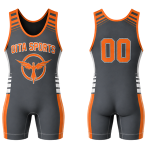 Combinaison de lutte sublimée gris-orange pour homme, sans manches, en polyester, uniforme sportif athlétique, tenue de compétition et d'entraînement - Product Image 1