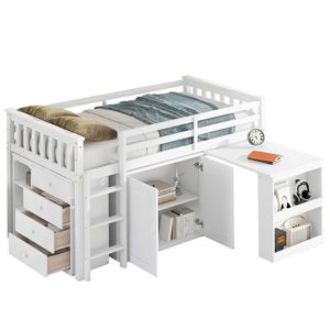 Letto a soppalco singolo in legno di gomma resistente con armadio contenitore e scrivania estraibile, dotato di ringhiera di sicurezza, ideale per ville o palestre - Product Image 6