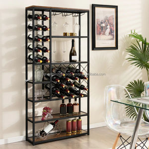 Range-bouteilles autoportant moderne en bois massif et métal Costway |   Étagère de présentation au sol avec supports en verre, 3 niveaux, pour le rangement du bar à domicile - Product Image 2