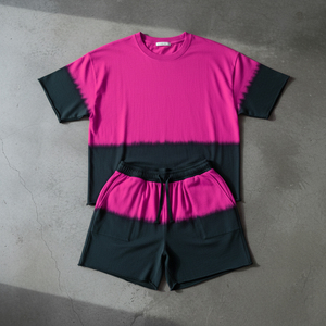 ชุดเซ็ตเสื้อยืดและกางเกงขาสั้นผู้ชายสีทูโทนตัดกัน สตรีทแวร์ ยูนิเซ็กซ์ รับผลิตตามสั่งพร้อมปักโลโก้ ขายส่ง เสื้อยืดและกางเกงขาสั้นเข้าชุด - Product Image 5