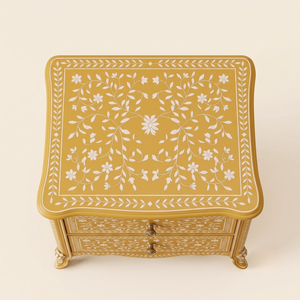 Handcrafted Bone Inlay <b>Yellow</b> Nightstand 2 Drawer Floral Handmade <b>Bedside</b> Cabinet Luxury Unique <b>bedside</b> <b>Table</b> - Product Image 3