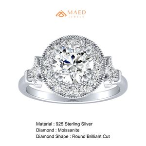 Bague de fiançailles de luxe en moissanite taille ronde avec halo floral, plaqué or rose, bande pavée, cadeau de bijoux pour mariage et anniversaire - Product Image 6