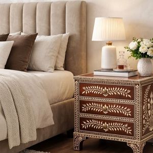<b>Black</b> Bone Inlay Modern Bedside Nightstand 2 Drawer Floral Carved Bedroom Accent <b>Side</b> <b>Cabinet</b> - Product Image 2