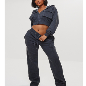 Custom Women's <b>Zip</b>-<b>Up</b> Fleece <b>Crop</b> <b>Hoodie</b> with Washed Cargo Design Polyester/Cotton Quick Dry & Windproof - Product Image 4