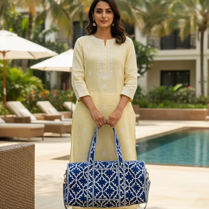 Blue White Geometric Trellis Print Lightweight Eco-Friendly Cotton Travel Duffle <b>Bag</b> <b>Large</b> Capacity Weekend <b>Crossbody</b> Handbag - Product Image 2