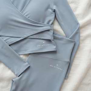 <b>Women</b> Light Blue Wrap Crop Top Yoga Set High Waist <b>Flare</b> <b>Leggings</b> Gym Fitness Workout Activewear Two Piece Set - Product Image 4