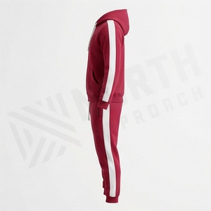 Men's Red Hooded <b>Tracksuit</b> Full Zip Solid Color Casual Sportswear With Side Pockets Regular Fit Autumn Wear - Product Image 3