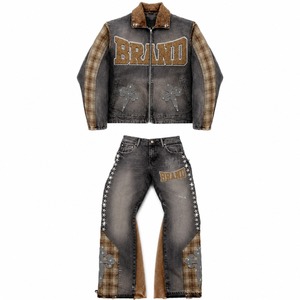 Custom Grey Denim <b>Jacket</b> And Jeans Set With <b>Rhinestone</b> Cross Print And Plaid Panel Design Tracksuit For Unisex - Product Image 2