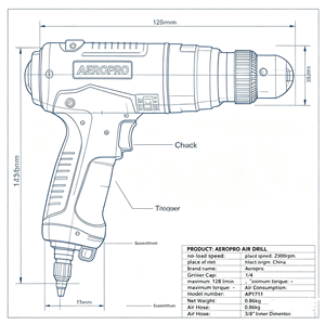 TAYO Aeropro Professional Pneumatic Air Straight Drill-128 ลิตร/นาทีการใช้ลม 2300 รอบต่อนาทีความเร็วไม่ใช้งาน 0.86 กก. น้ำหนักเบา AP1711 - Product Image 1